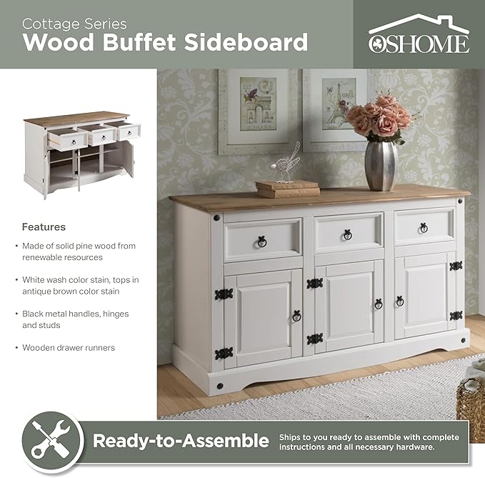 OS Home and Office Furniture Cottage Series Wood Buffet Sideboard in White