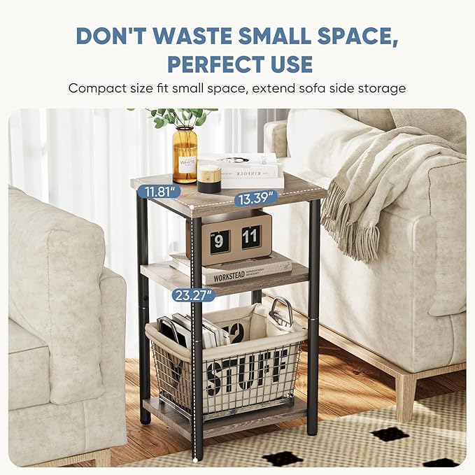 DUMOS End Table Small Side Sofa Tables 3 Tier Tall Nightstand Storage Shelf with Adjustable Feet for Living Room Bedroom Office, Grey