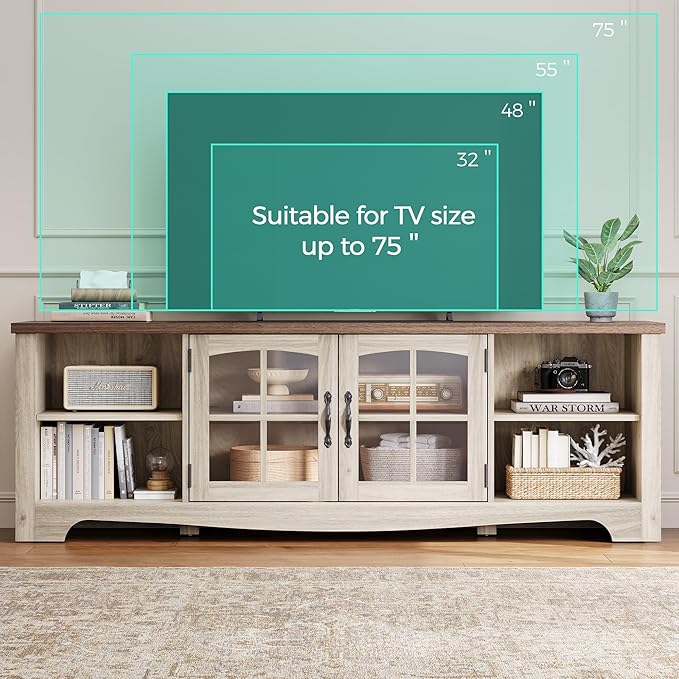 LINSY HOME TV Stand for 75 Inch TV, Modern Farmhouse Entertainment Center with Storage Cabinets and Glass Doors, Tall Media Console Table for Living Room, Bedroom, Large Long Television Stand, Beige