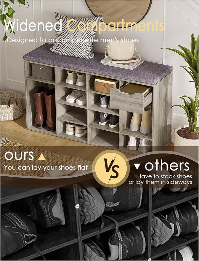 DINZI LVJ Shoe Bench, Entryway Storage Bench with Drawer and 15 Cubbies, Cubby Shoe Rack with Adjustable Shelves, Shoe Organizer Cabinet for Living Room, Bedroom, Mudroom and Garage, Gray Wash