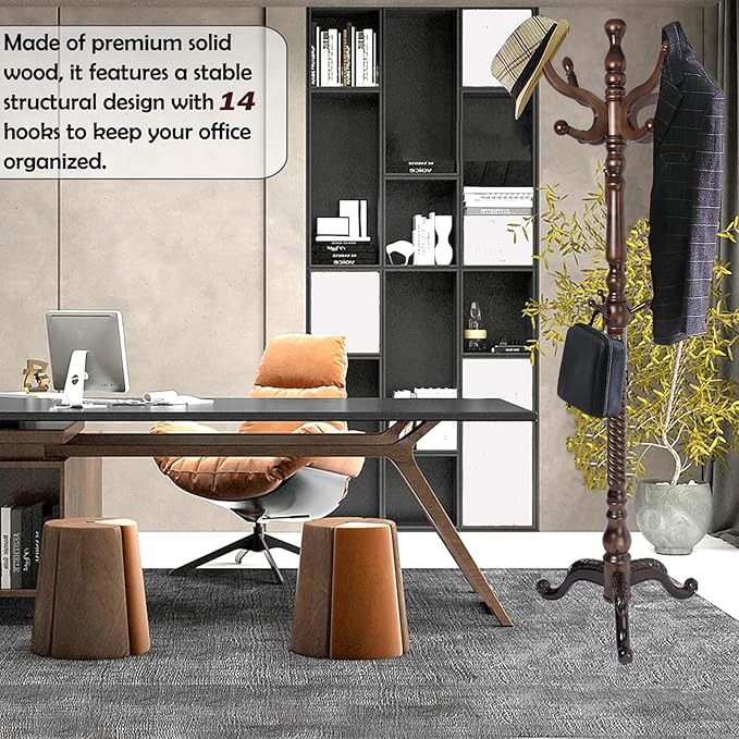 Coat Racks Free Standing with 14 Hooks, Natural Wood Coat Stands for Entryway, Adjustable Height 73 in Tree Coat Rack Stand for Hallway Home Office Bedroom (Dark Brown Triangle)