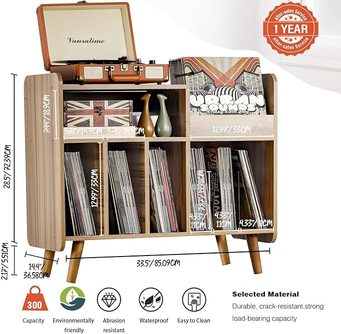 Record Player Stand, Large Record Player Table Cabinet with Open Vinyl Storage and Display Shelf Holds up to 350 Albums, Mid Century Wood Turntable for Living Room, Bedroom (Walnut)