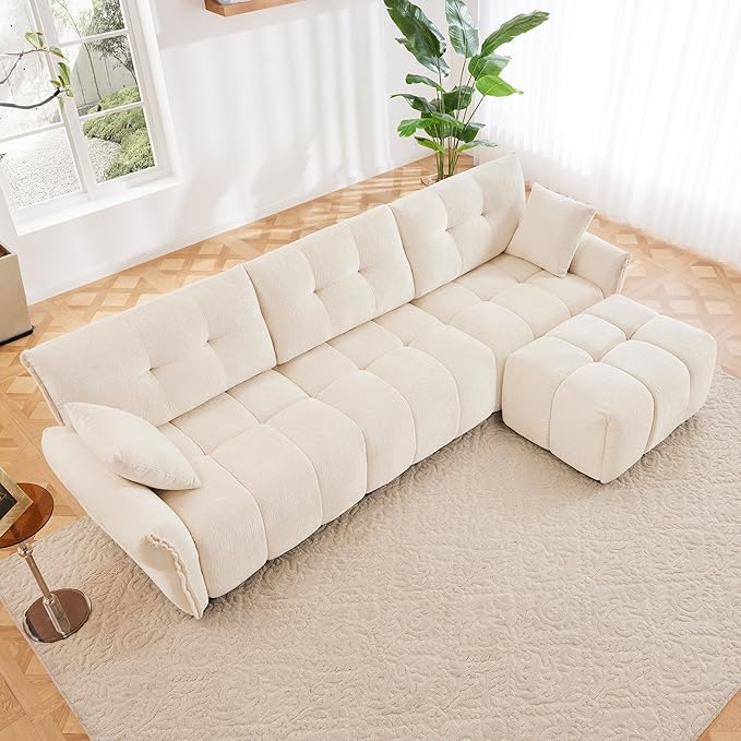 Modern Chenille Fabric 3-Seat Sofa w/Ottoman+2 Pillows, Premium Upholstery Living Room Couch with Tufted Backrest & Comfortable Armrests and High-Resilience Memory Foam Cushions,White