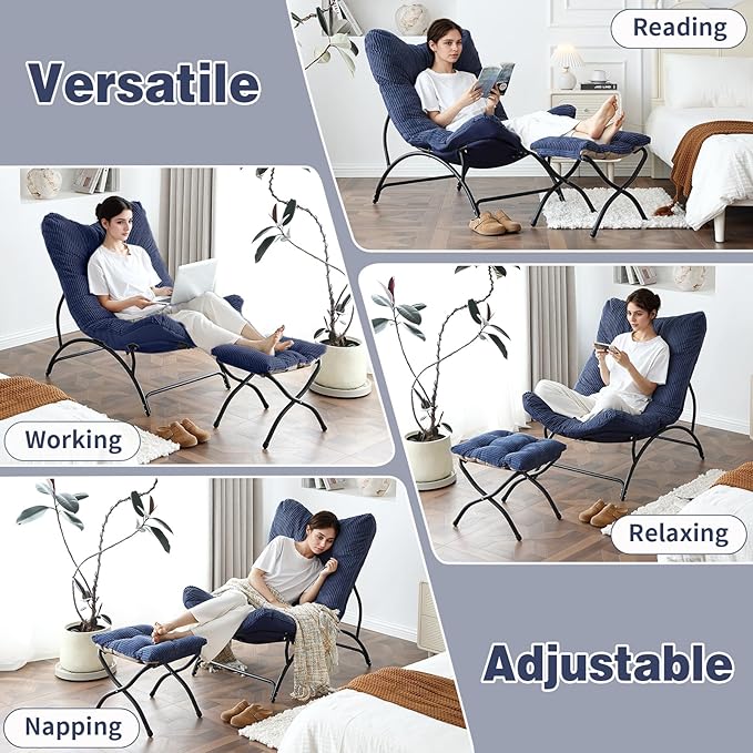 Welnow Accent Chair with Ottoman, Lounge Comfy Soft Leisure Metal Frame Reading Chair with Footrest, Upholstered Thick Cushion Seated Recliner Sofa for Living Room, Bedroom, Dorm, Navy
