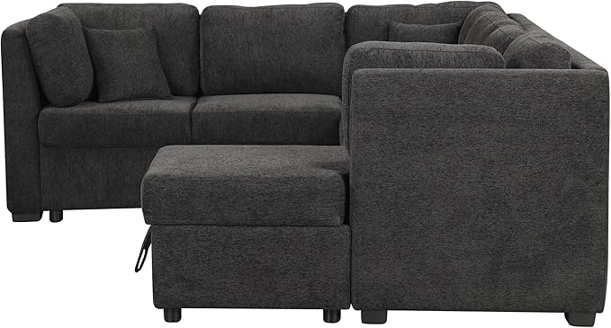 Ball & Cast 108.6" Sleeper Sectional Pull Out Sofa with 2 USB Ports,Two Power Sockets,Versatile U-Shape Couch w/ 3 Back Pillows and Storage Chaise,for Living Room,Office,Apartment,Black