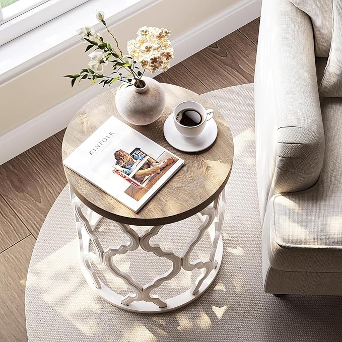 Farmhouse End Table, 18.5'' French Country Round Side Table, Wood Top Side Table with Curved Motif Frame Base for Boho, End Tables Living Room, Bedroom, Small Space, Easy Assembly
