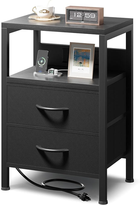 NightStand Bedside Charging Table Bedroom - Night Stand with Charger Station, Modern Nightstand with Open Shelf & 2 Fabric Drawers, Bed Side Table with USB-C USB Ports & AC Outlets for Dorm, Black
