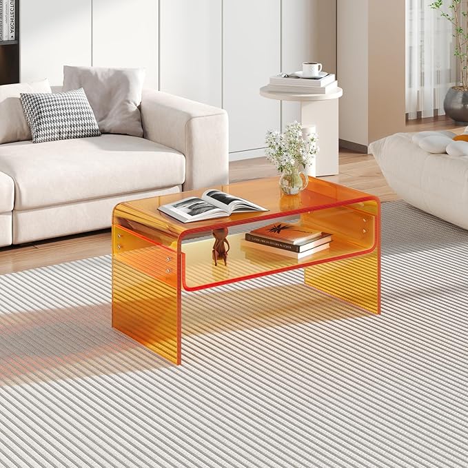 Acrylic Coffee Table, Orange Rectangle Acrylic Side Table Furniture, Modern Tea Table with Open Storage, Acrylic End Table for Living Room, Office Reception and Bedroom