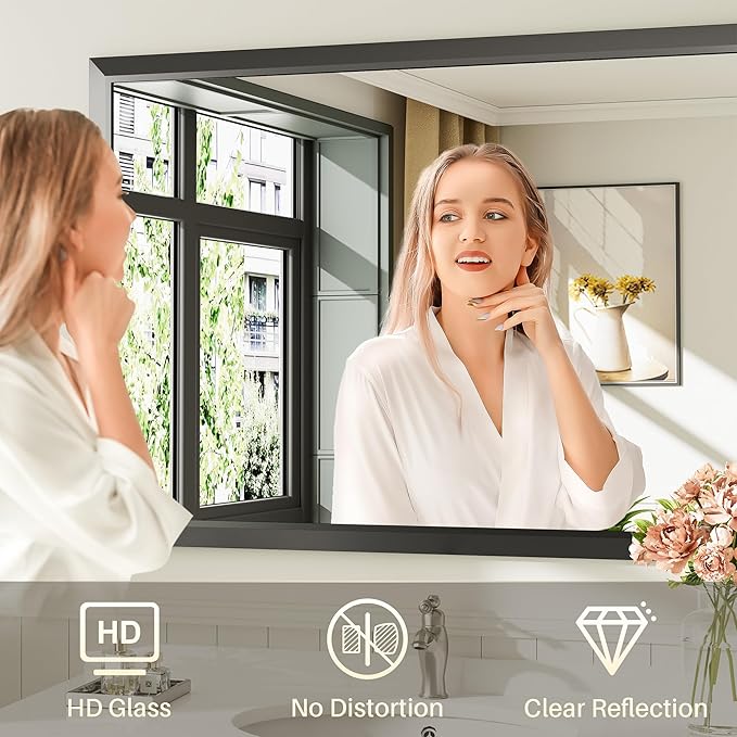 40x36 Inch Black Bathroom Mirror for Wall, Thick Metal Framed Rectangle Mirrors for Over Sink, Bedroom, Living Room, Entryway, Anti-Rust, HD Tempered Glass
