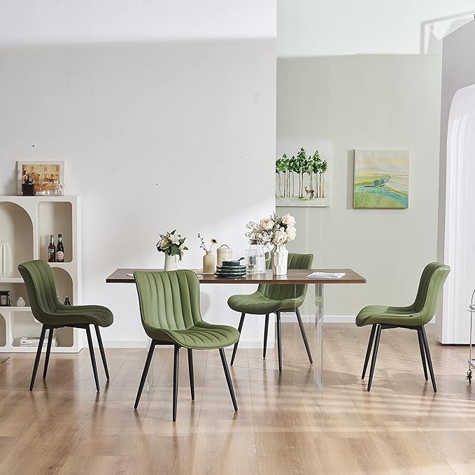 YOUNUOKE Green Dining Chairs Set of 2 Mid-Century Modern Kitchen Dining Room Chairs Armless Faux Leather Upholstered Accent Side Dinner Chair with Padded Back Metal Legs, Olive