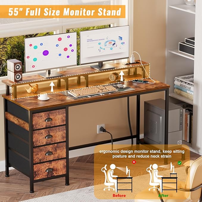 Furologee 55 Inch Computer Desk Gaming with 4 Fabric Drawers with Power Outlets and LED Lights for Home Office with Full Monitor Stand and Shelf Study Table for Small Spaces Rustic Brown