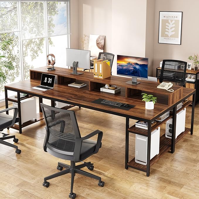 Tribesigns Two Person Desk with Monitor Stand, 78.74" Long Double Computer Office Desk with Storage Shelves, Large Gaming Study Writing Table Workstation for Home Office (Rustic Brown)