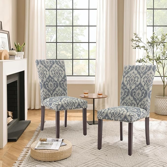 Parsons Dining Chairs Set of 6, Upholstered Nailhead Dining Room Kitchen Side Chair with Thick Cushions and Wood Legs, White/Blue