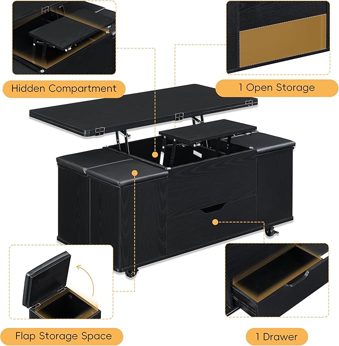 Merax Multi-Functional Lift-Top Coffee Table with Hidden Storage and Stools,Multi-Function Modern Center Table with 4 Stools and Casters,Perfect for Modern Living Spaces, Black