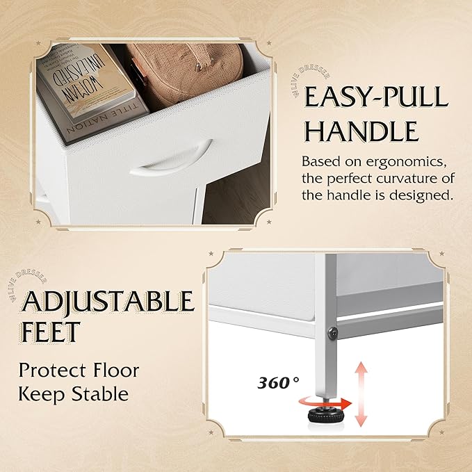 WLIVE Dresser for Bedroom with 5 Drawers, Wide Chest of Drawers, Fabric Dresser, Storage Organization Unit with Fabric Bins for Closet, Living Room, Hallway, White