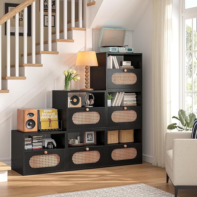3-in-1 Modular TV Stand with Rattan Doors, DIY Media Console Boho Entertainment Center Modern TV Cabinet with Open Shelves,Black
