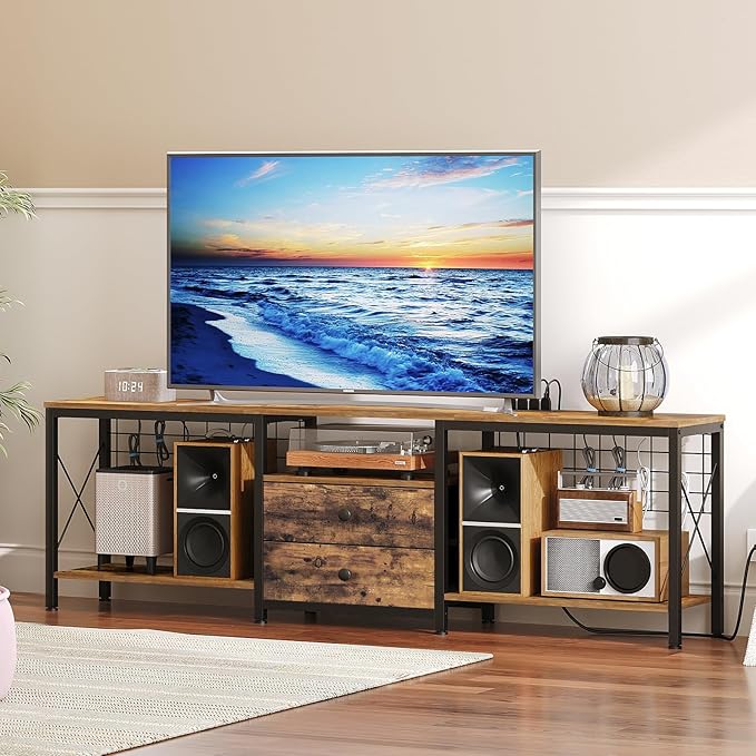 TV Stand with Power Outlet Up to 75 Inch, Entertainment Center with 2 Fabric Drawers, TV Console Table with Open Storage Shelves for TVs, Cable Management, for Living Room, Bedroom, DS18UBRY1