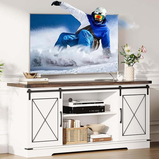 GarveeHome Farmhouse TV Stand for TV up to 65 Inches and Entertainment Center with Sliding Barn Doors, Tv Media Console Table with Storage Cabinet for Living Room, Bedroom, White & Brown