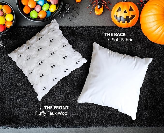 4TH Emotion Halloween Ghost Decorative Pillow Covers 18x18 Set of 2, White Soft Plush Faux Fur Farmhouse Throw Cushion Cases for Fall Autumn Holiday Home Decorations