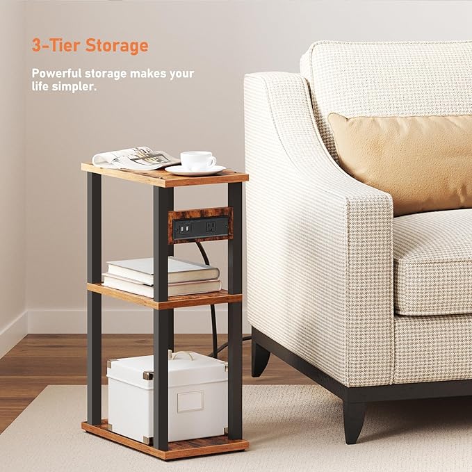 TUTOTAK Small Narrow Side Table with Charging Station, Set of 2 Skinny End Table for Small Spaces, Slim Nightstand with USB Ports and Outlet,Sofa Beside Table with Wheels, Brown TB01BB047