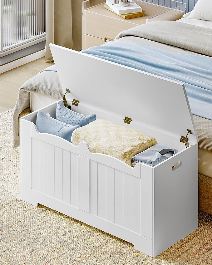 39.4" Storage Chest, Storage Bench Trunk with 2 Safety Hinges, Wooden Box, Lift-Top Chest Organizer, Shoe Bench for Entryway, Bedroom, Living Room, White 01003XSB