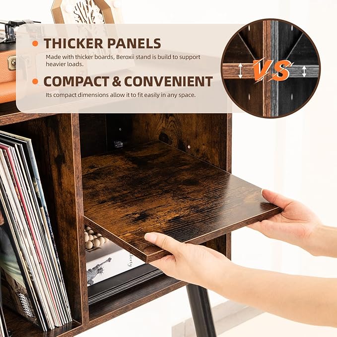 Record Player Table, Mid-Century Record Player Stand with Vinyl Storage Hold Up to 150+ Albums, Vinyl Record Cabinet with Adjustable Shelves, Wood Turntable Stand for Music Living Room (Brown)