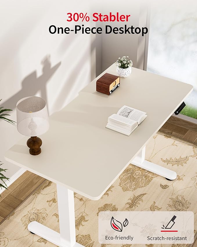 Okin Standing Desk Electric Adjustable Computer Whole Piece Stand up Desk Office Gaming Home Office Memory Desks 48x24 inches Cream Brown