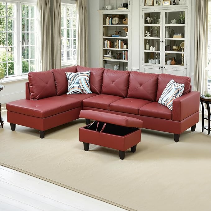 NicBex Sectional Couch 3 Pieces Sofa Set with Right Chaise Faux Leather L Shaped Cloud Couch for Living Room Furniture Sets with Storage Ottoman, Modular Sofa for Living Room & Apartment, Red