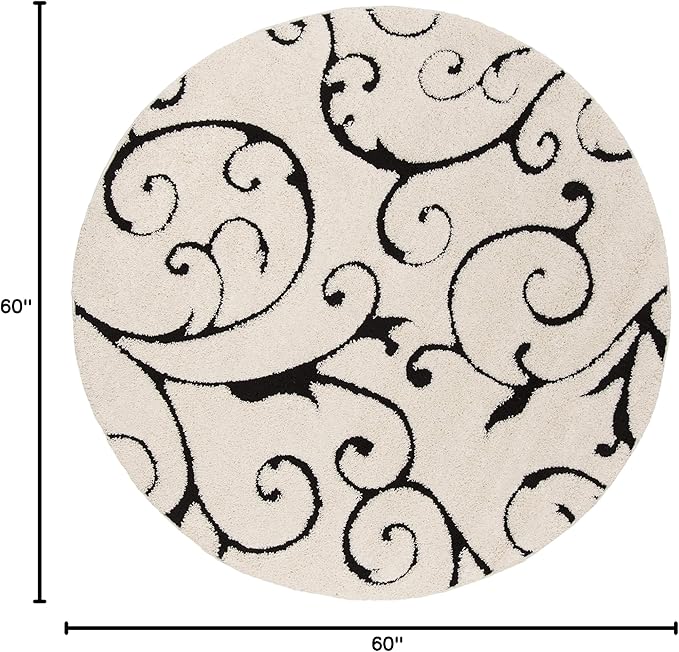 SAFAVIEH Florida Shag Collection Area Rug - 5' Round, Ivory & Black, Scroll Design, Non-Shedding & Easy Care, 1.2-inch Thick Ideal for High Traffic Areas in Living Room, Bedroom (SG455-1290)
