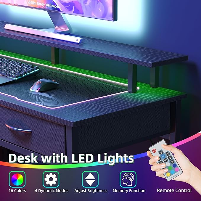 Computer Desk with 5 Drawers, Gaming Desk with LED Lights Power Outlets and Type-C, 47 Inch Office Desk with Storage, Monitor Stand, Writing Desk Work Table for Home Office, Small Spaces, Black