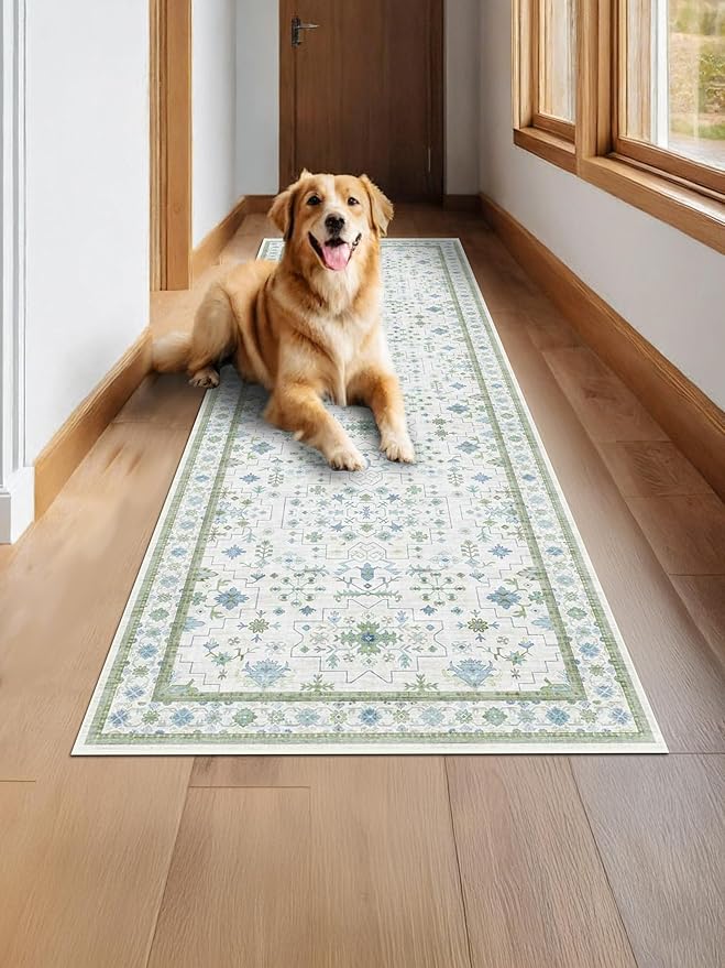 Oushak Wide Hallway Runner Rug 2'6"x8' - Vintage Turkish Floral, Washable Low Pile Non Slip Extra Long Runners for Kitchen, Hall Way - Cream Blue and Green
