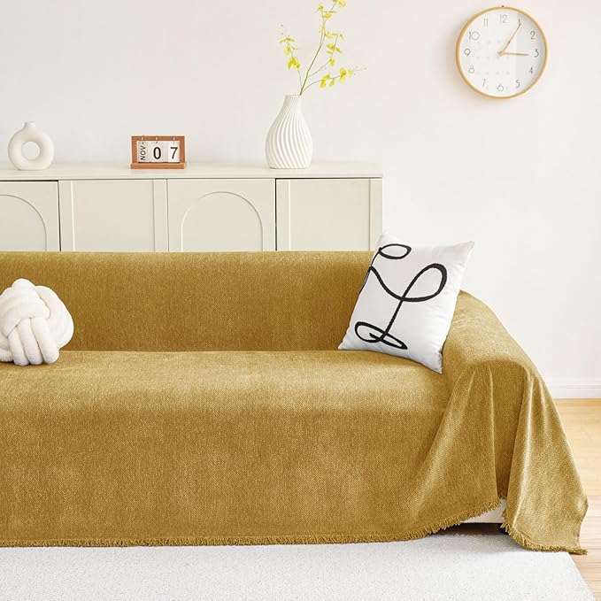 hyha Couch Cover for Dogs, Boho Sofa Covers for 3 Cushion Couch Washable, Chenille Sofa Slipcover for Pets, Soft Loveseat Sectional Couch Throw Blankets with Tassels (Yellow, 71x118 Inch)