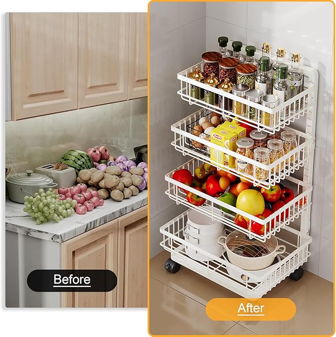 4-Tier Kitchen Storage Cart, Metal Utility Rolling Cart with Wheels, Versatile Rolling Storage Snack Cart, Adjustable Fruit Vegetable Basket Rack for Pantry, Bathroom, Kitchen, Office (Milky White)