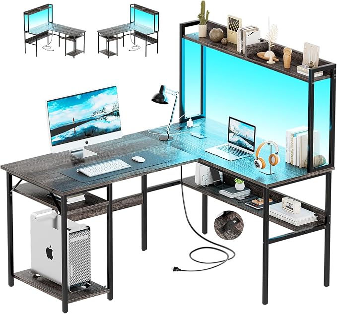 L Shaped Computer Desk with Hutch and Storage Shelves, Gaming Desk with LED Lights, Reversible L-Shaped Desk with Power Outlets, Home Office Desk, Corner Desk, Black Oak