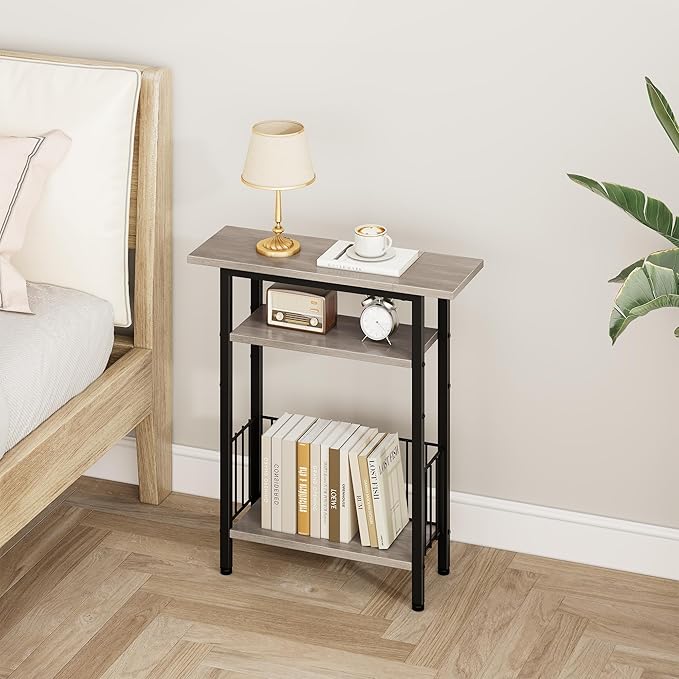 Vagusicc Narrow Side Table, Skinny Side Table for Couch, 3-Tier Small End Table for Small Spaces, Bed Side Tables with Storage, 25.2" Tall Slim Nightstand Bedside table for Living Room Bedroom, Greige