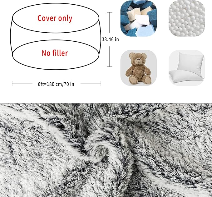 (No Filler) Bean Bag Chair Cover Without Filler,Big Round Soft Fluffy PV Velvet Washable Bean Bag Lazy Sofa Bed Cover for Adults,Living Room Bedroom Furniture Outside,6ft Black