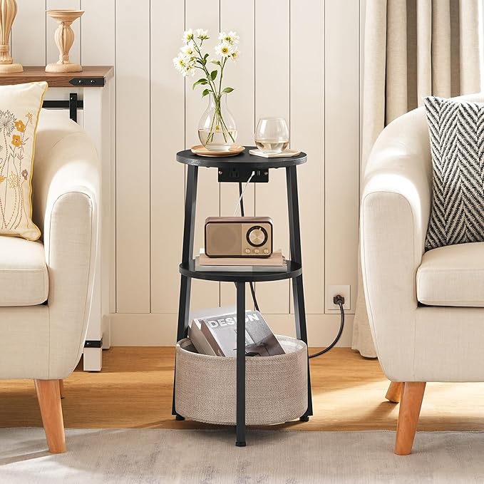 HOOBRO Small Round Side Table with Charging Station, Round End Accent Table with Fabric Storage Basket, Compact Circle Nightstand for Small Space in Living Room, Bedroom, Black BB169UBZ01