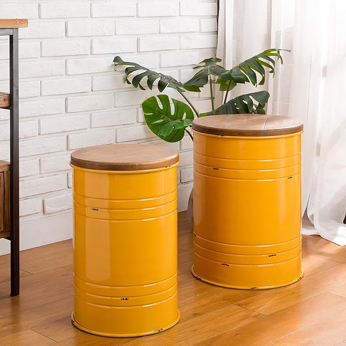 Glitzhome Farmhouse Accent Side Table, Metal Storage Stool Ottoman with Round Lid - Galvanized Coffee Cocktail End Tables Set of 2 for Living Room Bedroom, Yellow