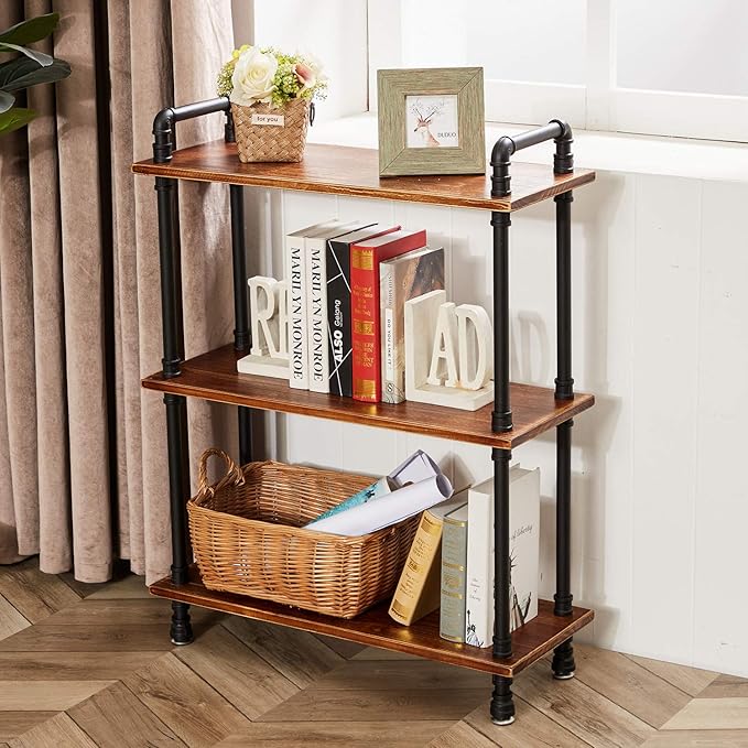 Industrial Bookshelf, 3 Tier Pipe Shelving, Industrial Pipe Shelf - Rustic Brown, 29.5" L x 11.8" W x 39" H