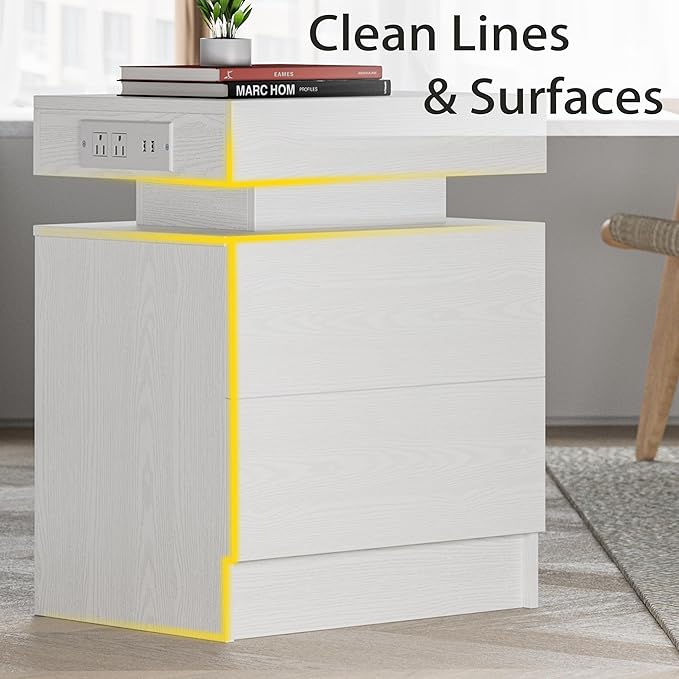 LIKIMIO Night Stand with Charging Station, Modern White Nightstand with LED Light and Drawers, Bedside Tables/End Table for Bedroom