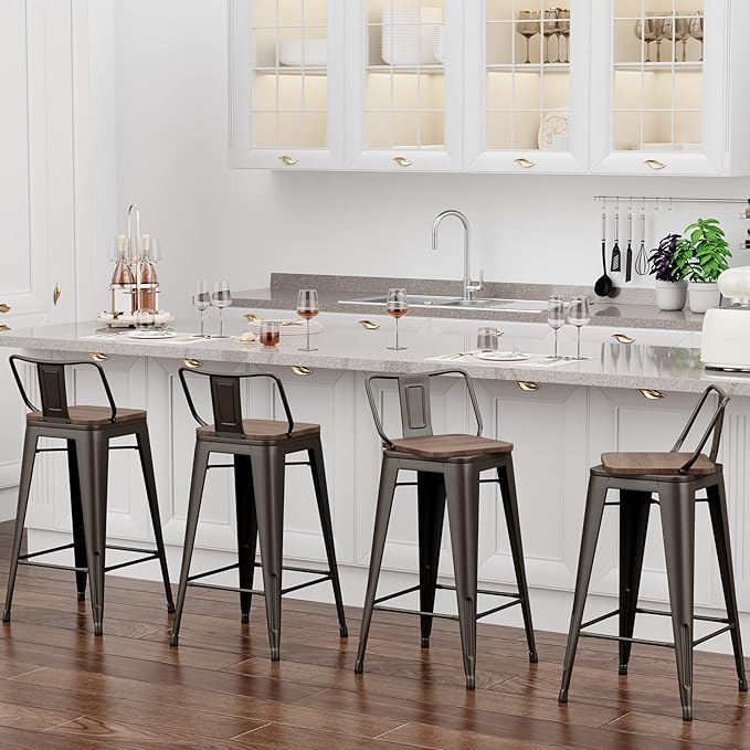 30 Inch Swivel Bar Stools Set of 4 with Backs Counter Height Industrial Metal Barstools Island Bar Chairs for Home Kitchen Dining Room (Swivel 30 inch,Rusty Wooden)