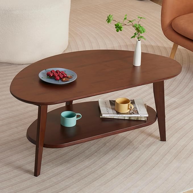 Mid Century Modern Coffee Table with Storage, 2 Tier Oval Round Coffee Tables for Living Room Home Office, FSC Certifiled 100% Solid Bamboo Wood Center Table Easy Assemble (Espresso)