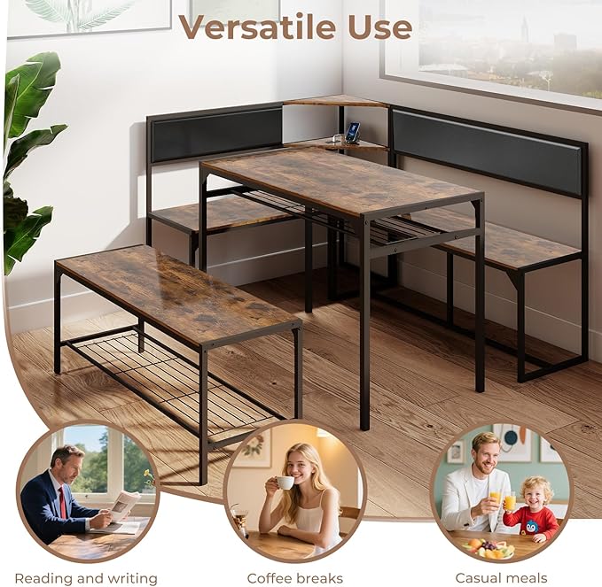 Corner Dining Table Set for 4-6, Breakfast Nook Table Set with Charging Port, Corner Kitchen Table with Storage & Bench, Farmhouse Corner Dining Table Set for Dining Room, Kitchen - Brown