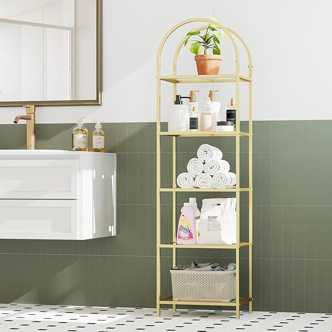 Homhedy Bookshelf Arched Display Racks,Metal Bookcase,Tempered Glass Shelves,Storage Rack Shelf for Home Office,Living Room,Bedroom, Bathroom,Modern Style (Golden, 11.8" D x 13.8" W x 57.1" H)
