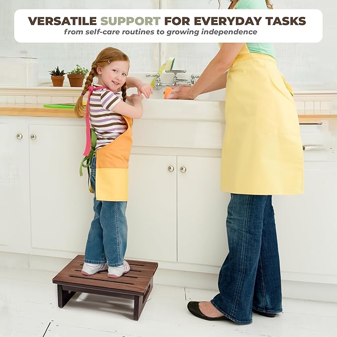 Wooden Step Stool, 5.3" One Step Stool for Adults with Built-in Handle, Supports up to 550lbs, Durable & Non-Slip Bedside Stool for Bedroom, Kitchen, Bathroom or High Beds