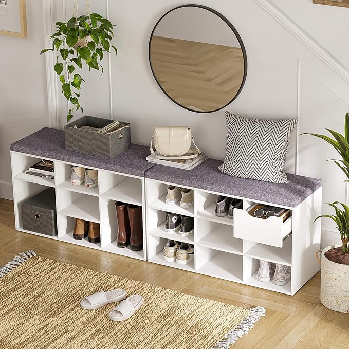 DINZI LVJ Shoe Bench,Entryway Storage Bench with Drawer and 8 Cubbies,Cubby Rack Adjustable Shelves,Shoe Organizer Cabinet for Living Room,Bedroom,Mudroom,Closet Garage,White