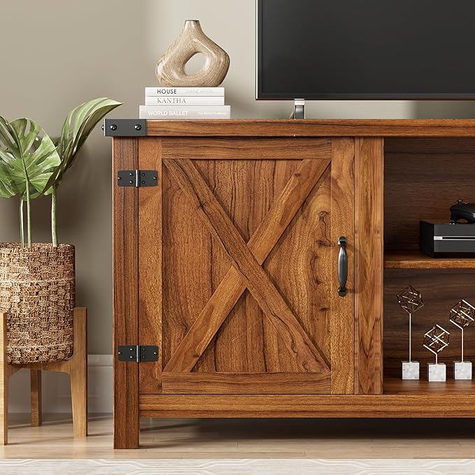 YESHOMY Modern Farmhouse TV Stand with Two Barn Doors and Storage Cabinets for Televisions up to 65+ Inch,Entertainment Center Console Table,Media Furniture for Living Room,58 Inch, Walnut,YH-TS103DWA