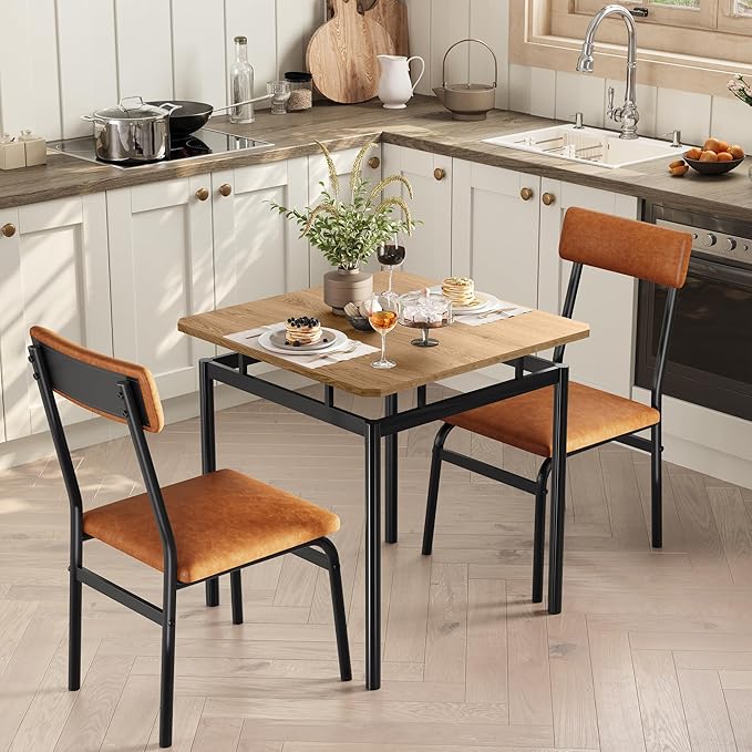IDEALHOUSE 3 Piece Dining Room Table Set, Kitchen Table Set for 2 with Brown Wooden Grain Kitchen Table and 2 PU Upholstered Metal Chairs, Dining Room Set for Small Space,Home Dinner(2 Brown Chairs)