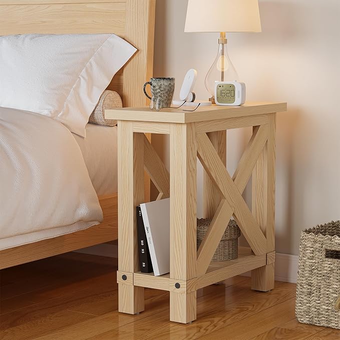 LITTLE TREE Farmhouse Side Table Set of 2, Narrow End Table for Space Saving, Bedside Furniture for Bedroom, Living Room, Small Spaces, Oak