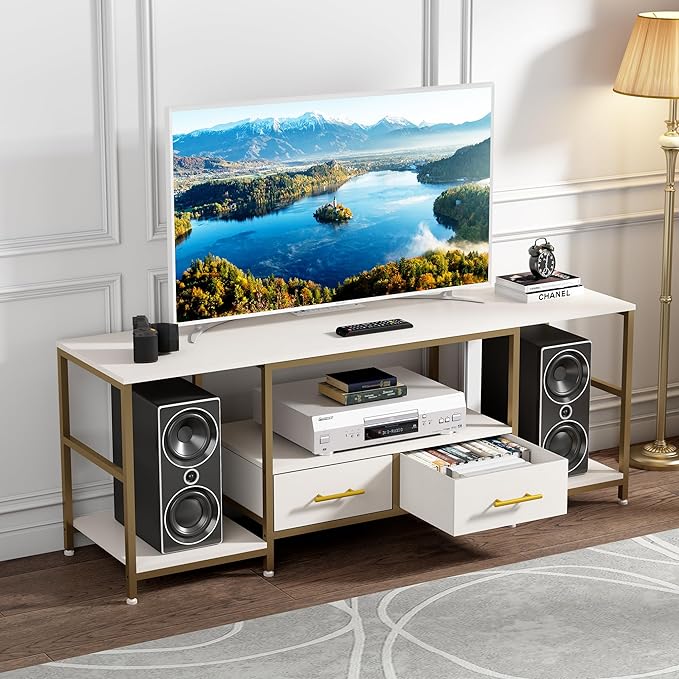 TV Stand for 75 Inch TV, TV Stands for Living Room with 2 Storage Drawers, Entertainment Center with Power Outlets, TV Stand for Bedroom, Television Stands, White/Gold